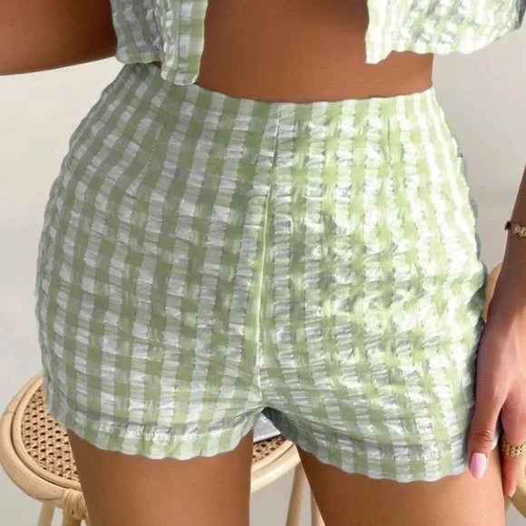 GREEN 3 PIECE GINGHAM SUMMER SET STREETWEAR BEACHY VACAY - Picture 4 of 7